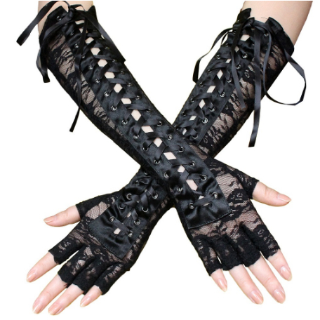 HG sarung tangan panjang setengah jari renda ikat pita half finger long gloves sexy lace
