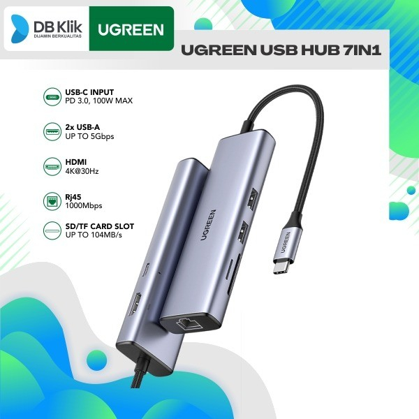 Usb Hub 7in1 UGreen Usb-C to Usb 3.0*2+Usb-C+Hdmi+Rj45+SD/TF (90568)