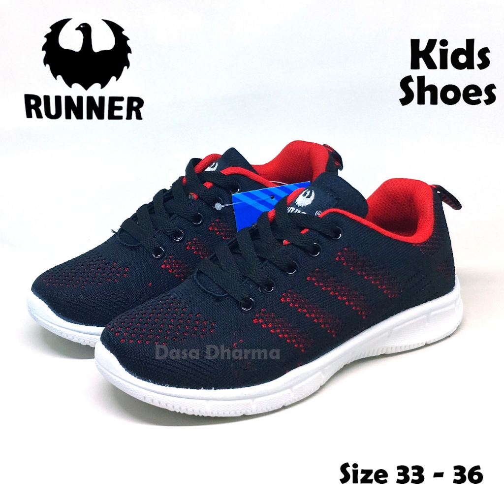 Sepatu Runner Anak Sekolah SD Pendek Tali Sneakers Hitam Merah Size 33 - 36