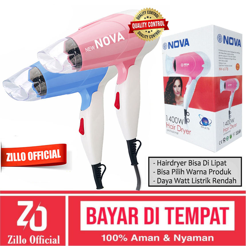 (Terbaru) ZILLO Hairdryer Pengering Rambut NOVA Hair Dryer Low Watt 2 Mode Kecepatan Hairdryer Lipat Travel Friendly