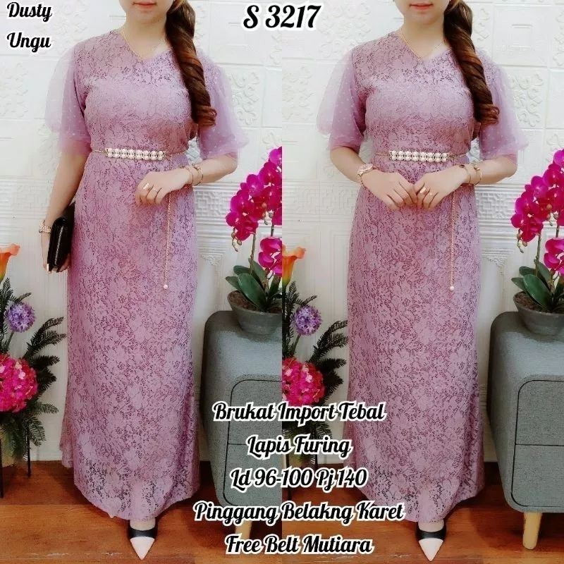 DRESS PESTA WANITA BROKAT PREMIUM KOMBI TILE MIX MOTE WARNA LILAC/UNGU   LD 96-100