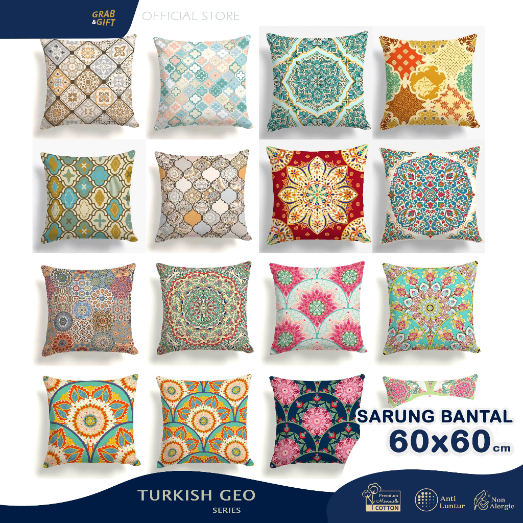 SARUNG Bantal Sofa Print Motif Turkish Geo 60x60cm Cover Pillow Cushion Grabandgift