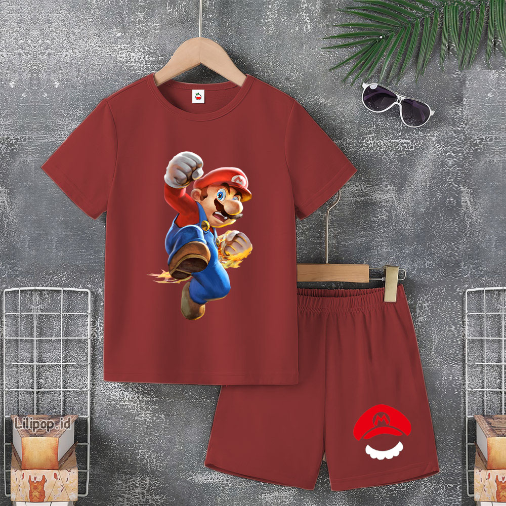 Baju Anak Stelan Usia 4-10 Tahun MARIO BROS Kaos 3/4 Cowok Cewek  Celana Pendek Harian