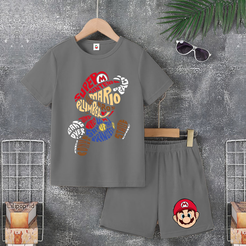 Baju Anak Stelan Usia 5-10 Tahun MARIO BROS Kaos 3/4 Cowok Cewek  Celana Pendek Harian