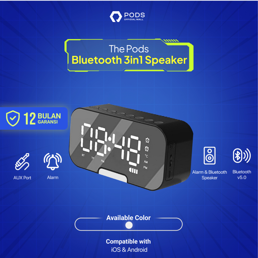 Pods 3 in 1 Speaker Bluetooth 5.0 Jam Alarm LED Display Ultra Bass