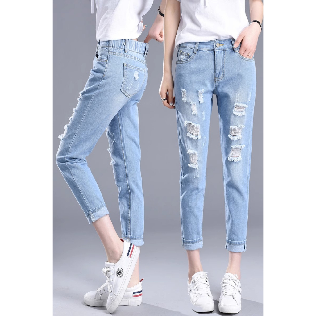 Boyfriend jeans wanita high waist jeans pangjiang 8/9 ripped denim sobek jumbo Kasual Jeans big szie terbaru 2023   Kasual Jeans