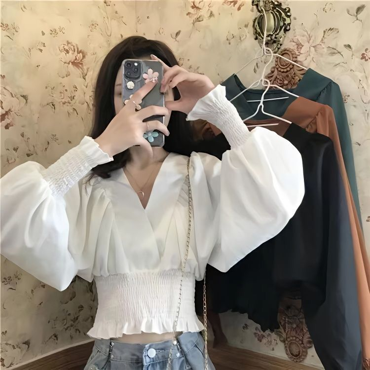 QUELLA Atasan Crop Korea V-neck Lengan Panjang