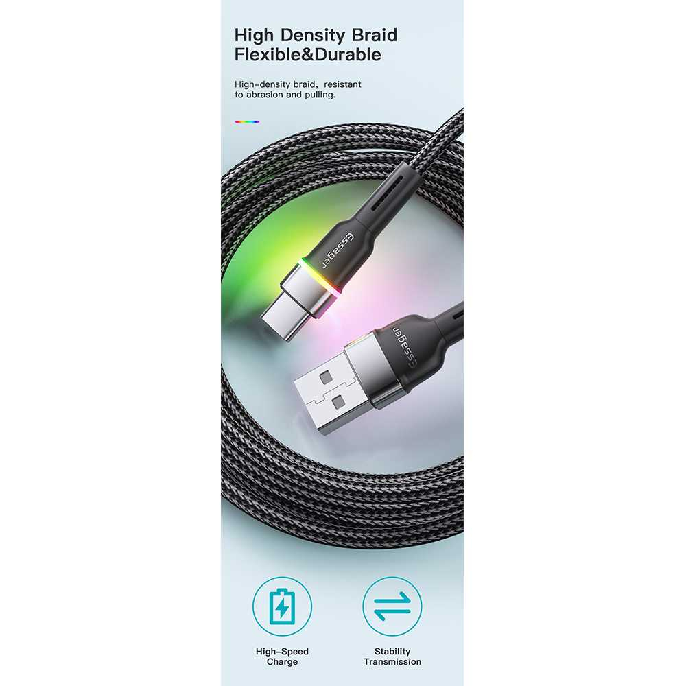 Kabel Charger USB Type C Fast Charging LED 2M 3A 480MB/s Carger Perangkat Elektronik Transfer Data Cepat