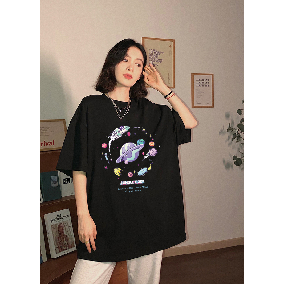 EUNII T-shirt Lengan Pendek Cartoon Planet Korean Style/Kaos Atasan Wanita/Baju Kaus Oversize Wanita/Kaos Wanita