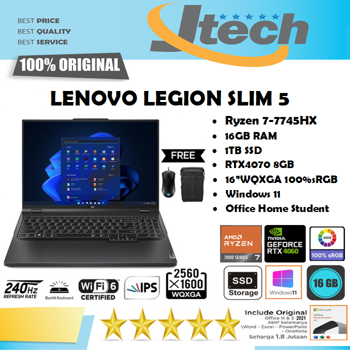 LENOVO Legion Pro 5 - Ryzen 7-7745HX - RTX4070 8GB - 1TB SSD - 16GB 16&quot;WQXGA IPS 240Hz 100%sRGB - W11 - OHS