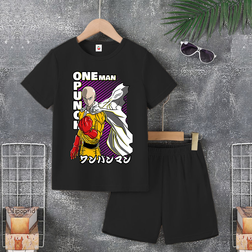 Baju Anak Stelan Usia 4-10 Tahun Kaos SAITAMA 3/4 Cowok Cewek  Celana Pendek Harian