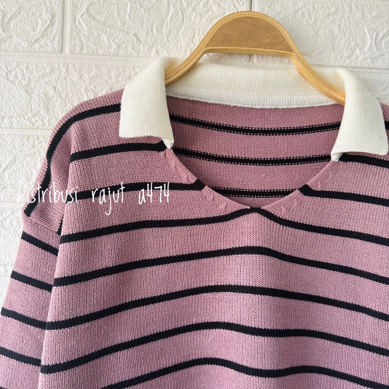 A5 POLO SWEATER RAJUT STIRIPPE BLASTER KERAH ATASAN WANITA KOREA