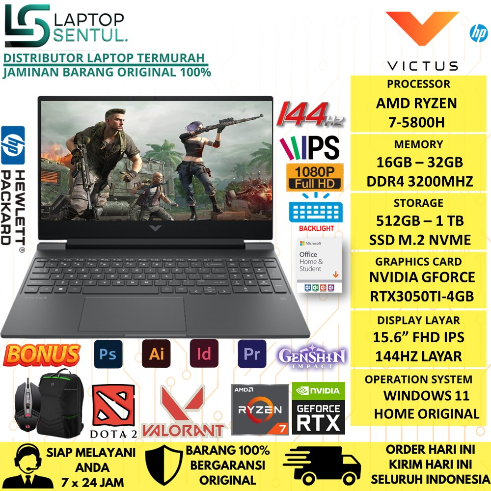 LAPTOP GAMING HP VICTUS 15 FB0012AX AMD RYZEN 7 5800H RAM 32GB 512GB RTX3050Ti 4GB 144HZ WINDOWS 11 ORIGINAL