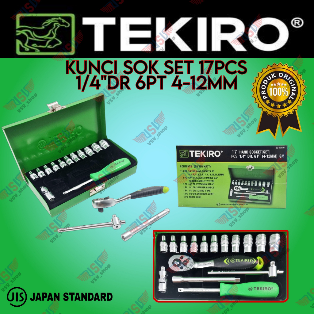 Tekiro hand socket set 17 pcs 6 pt 1/4&quot; 4-12mm kunci sok set