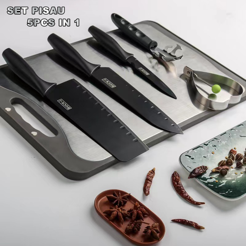 LuxuryParty J12 Set Pisau Dapur Hitam 5 Pcs in 1 Cetakan Telur Chef Knife Cleaver