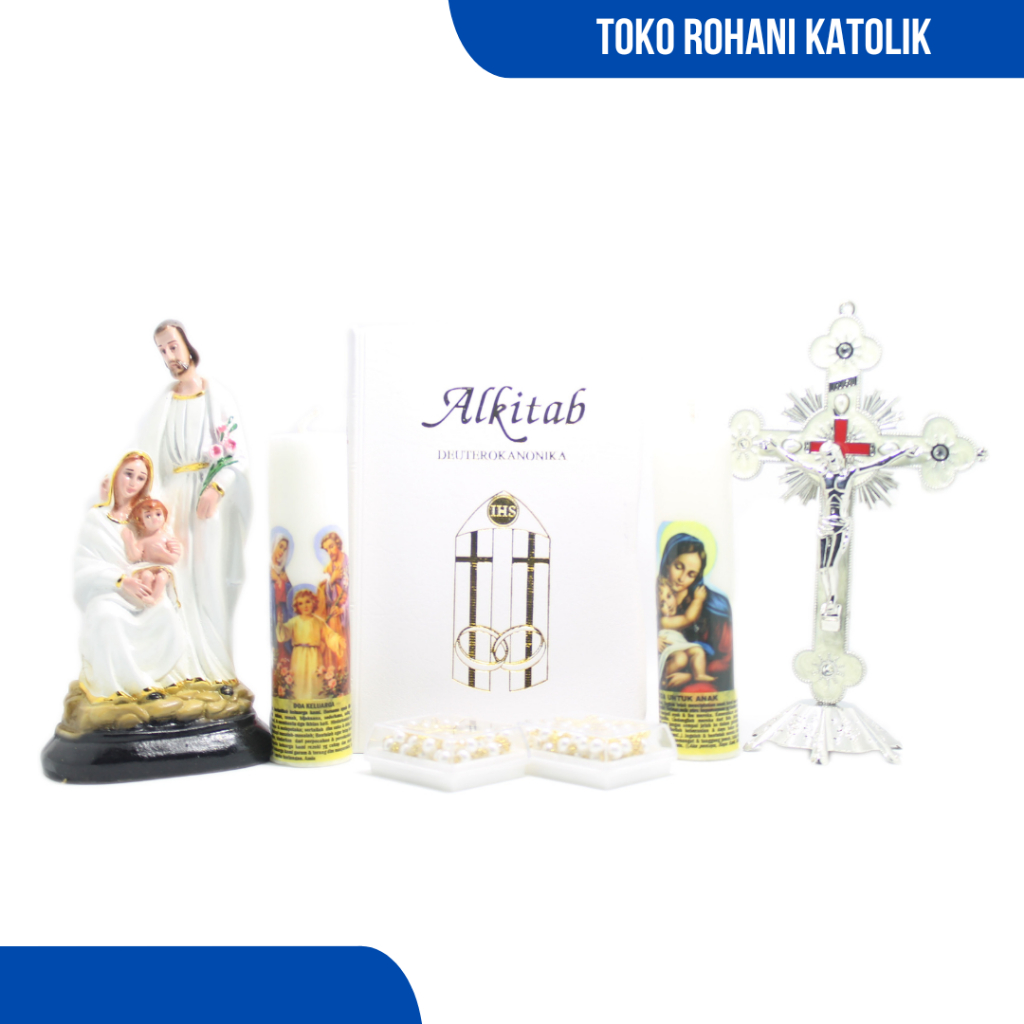 PAKET SESERAHAN PERNIKAHAN KATOLIK / SET HANTARAN PERNIKAHAN KATOLIK / PATUNG KELUARGA KUDUS / SALIB DUDUK LOGAM / SALIB ALTAR / ALKITAB WEDDING / ALKITAB DEUTROKANONIKA KATOLIK / LILIN DOA / KALUNG ROSARIO / PATUNG SANTO YOSEP / YUSUF, PATUNG BUNDA MARIA