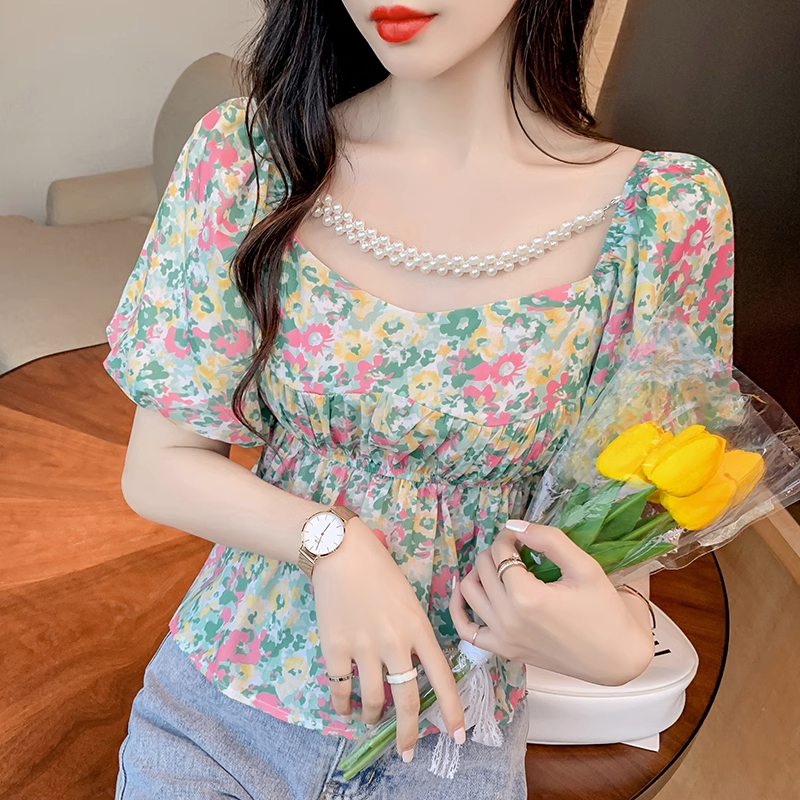 MOOGU ♡ Korea blouse floral lengan pendek wanita atasan