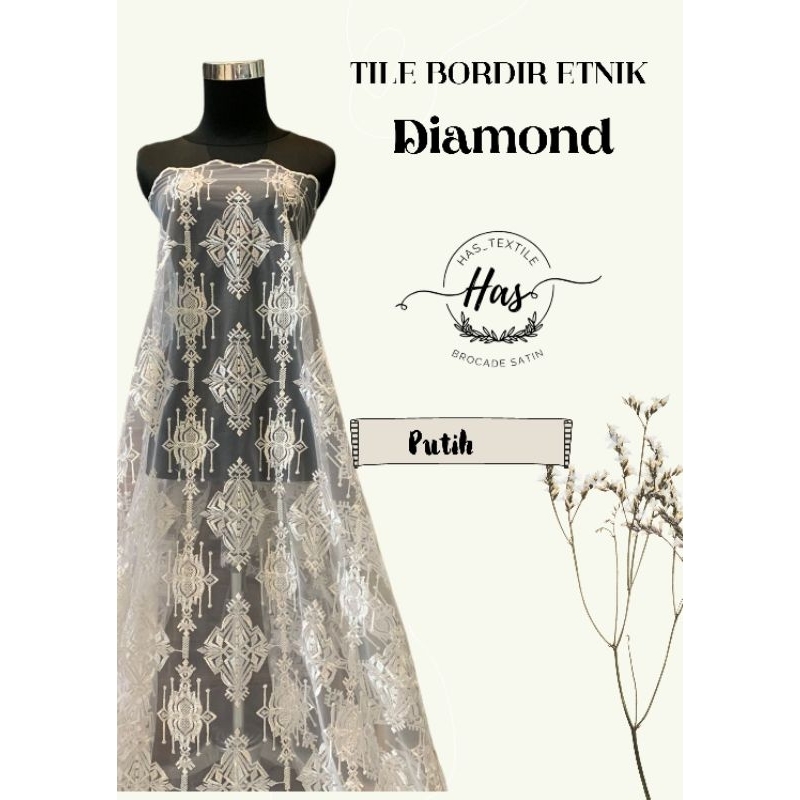Bahan Kain Brokat Tile Etnik Keraton Diamond Warna Putih White