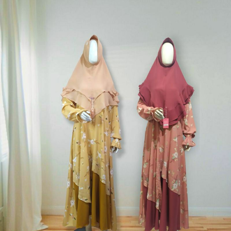 Mustika Outfit Gamis Polos Kombinasi Motif Bunga Grisha Dress Sheika Hijab
