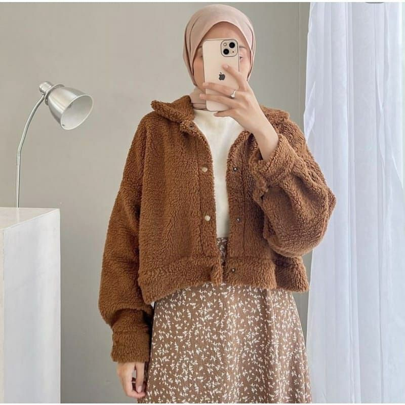 Jaket Crop Wanita Hoodie Sherpa Bulu / Jaket Wanita Sherpa Crop  / Cardigan Bulu Tebal