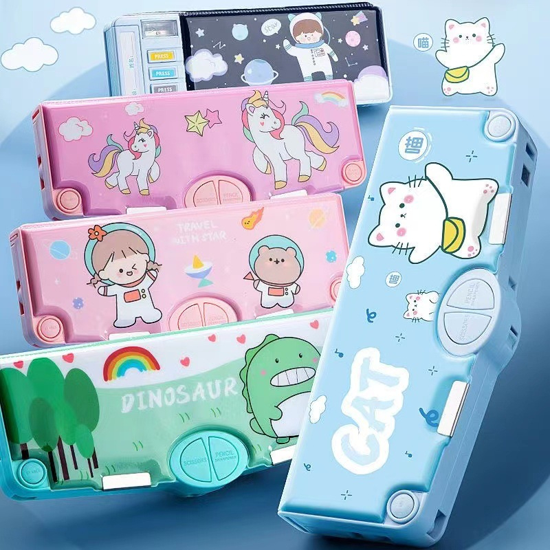 Tempat Pensil Multifungsi Motif Unicorn Dinosaurus Astronot Untuk Anak SD TK Kotak Pensil Pola Kartun 2 Lapis