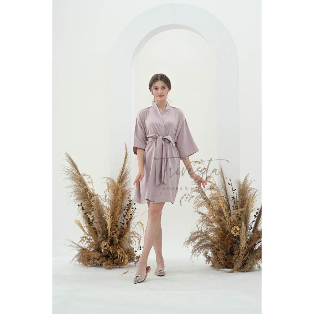 Trivesta Robes - Basic Robe Mauve - Kimono Robe Bridesmaid Satin + Free Bordir (Tulisan Bebas Bisa Nama)