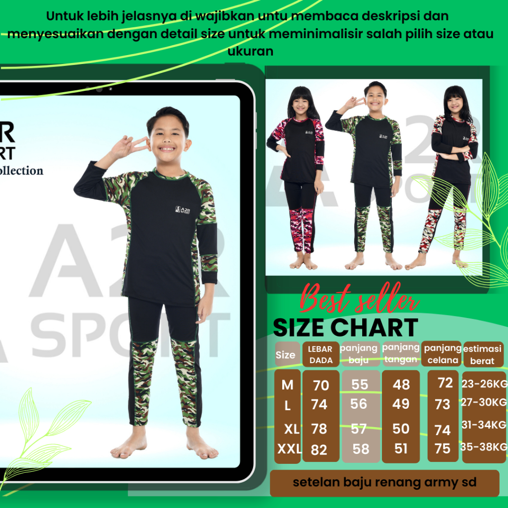 A2R Sport - Setelan Army SD Baju renang anak unisex laki-laki dan perempuan