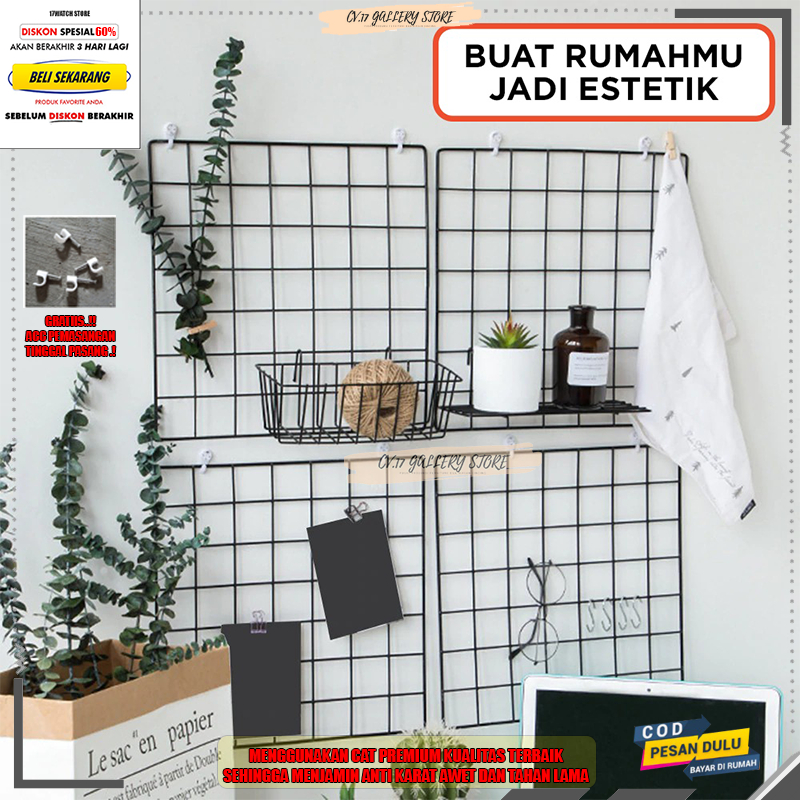 Promo Hijang 52X35 Hiasan Dinding Wall Grid Black Grid Wire Mesh Notes Pajangan Foto Keranjang Besi Rak Gantung Tempat penyimpanan Pajangan Dekorasi Dinding Dingding Tembok Tempel Ruang Tamu Kamar Tidur Cewek Kayu Susun Rumah Minimalis Serbaguna Murah