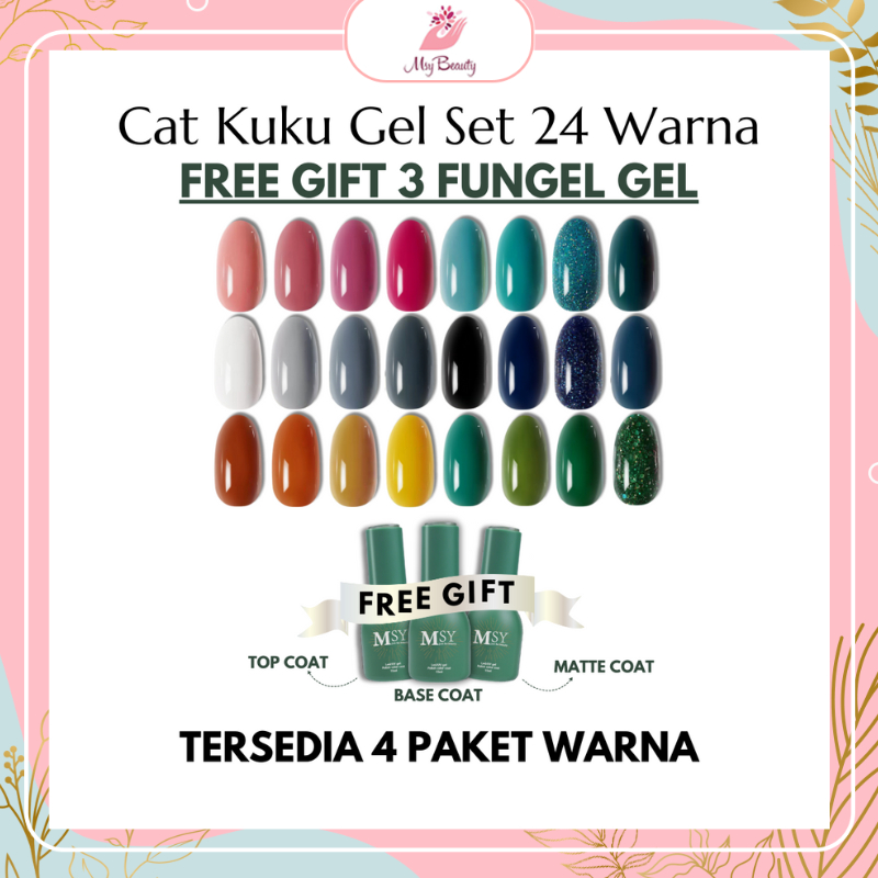 MSY Paket Kutek Gel UV LED 15ml/Nail Gel Set Polish 24 Warna Free 3pcs FungsiCoat/Multiwarna Soft Colour Gel Polish