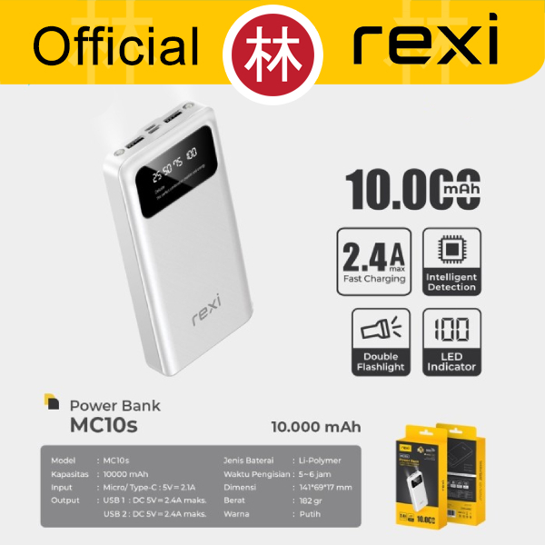 Rexi MC10s Powerbank 10.000 mAh Flashlight Senter LED Fast Charging