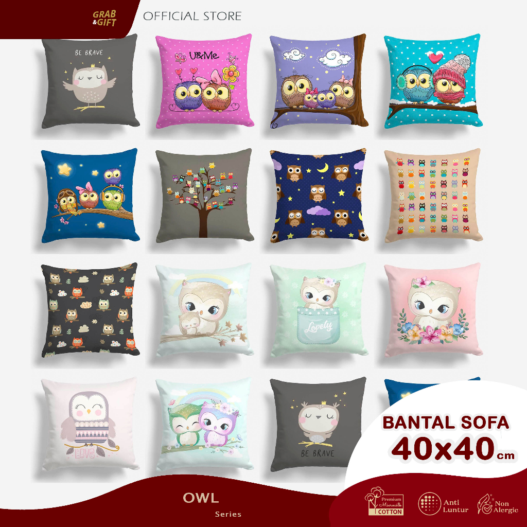 Bantal Sofa Print Motif Burung Hantu Cute Owl 40x40 cm