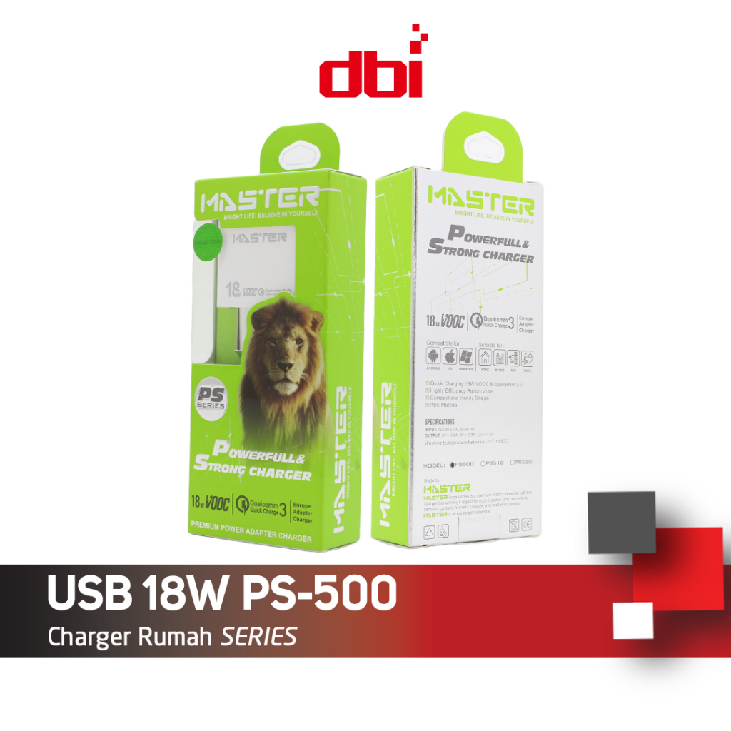 [NEW] Adaptor Charger Fast Charger 4A MASTER 18W PS-500 Fullset Type C Micro USB Support OPPO Xiaomi Samsung Huawei VIVO IPhone