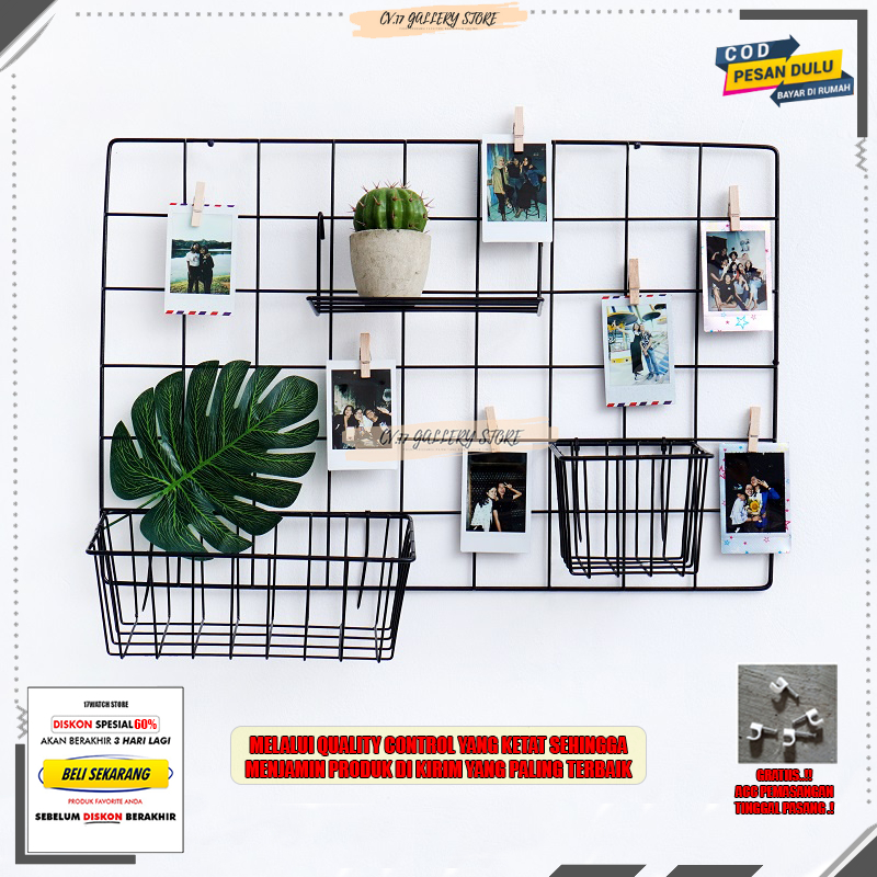 Termurah Hijang 52X35 Hiasan Dinding Gantungan Ram Wall Grid Keranjang Besi Rak Gantung Pajangan Clip Foto Tempat penyimpanan Pajangan Black Grid Wire Mesh Notes Dekorasi Decorasi Dingding Dinding Tempel  Ruang Tamu Rumah Kamar Tidur Cewek Minimalis Murah