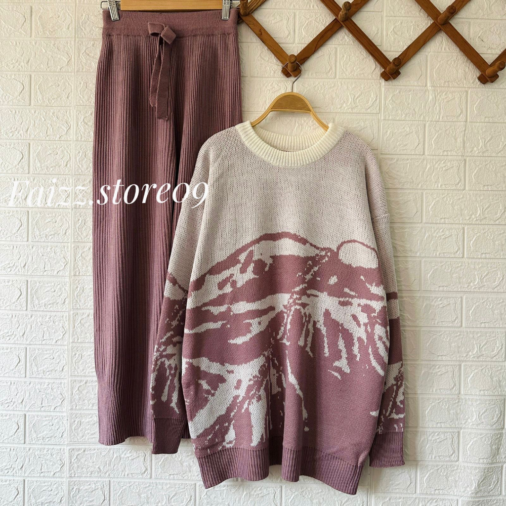 Oneset Inneng Sweater Rajut Motif Setelan Celana Kulot Wanita