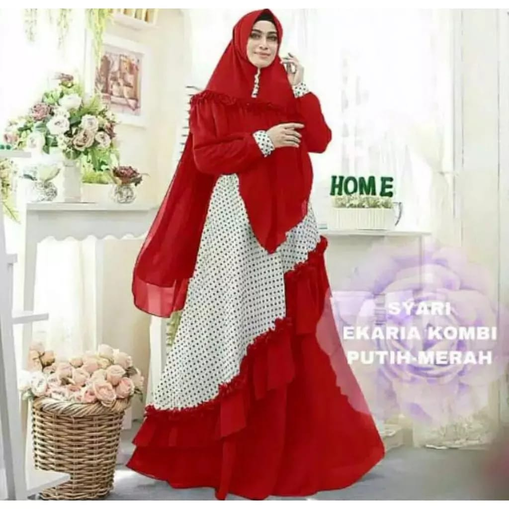 BO - SYARI EKARIA POLKA KOMBI PUTIH / GAMIS RAMPLE / FASHION WANITA / GAMIS MUSLIM