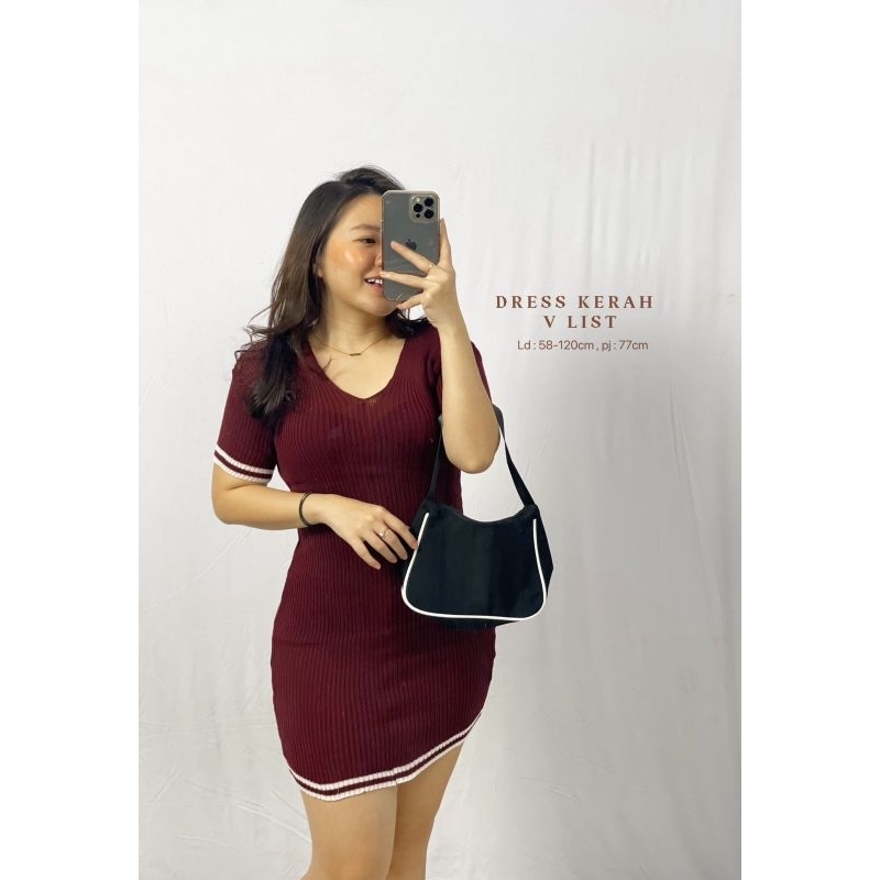 MDLV ~ DRESS KERAH V LIST PUTIH  RAJUT DRESS BODYCON DRESS KOREA STYLE DRESS SEXY FASHION WANITA