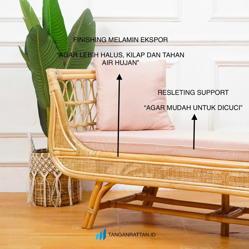 KURSI SOFA BANCH ROTAN PANJANG 3 SEATER DENGAN BANTAL / SOFA SANTAI BENCH ROTAN FINISHING MELAMIN EKSPOR