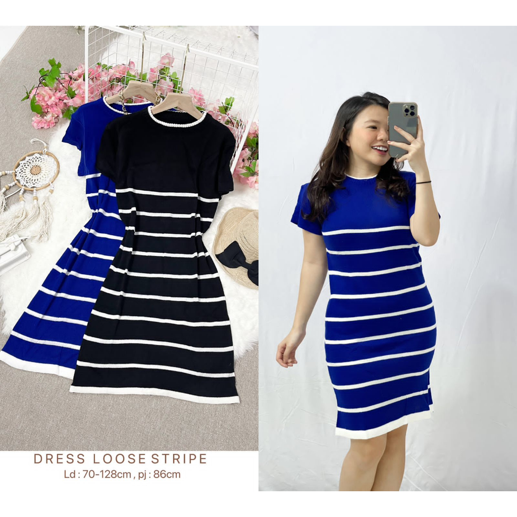 Dress Loose Bahan Rajut Stripe Lengan Pendek / Mini Dress Loose Stripe HOPYLOVY