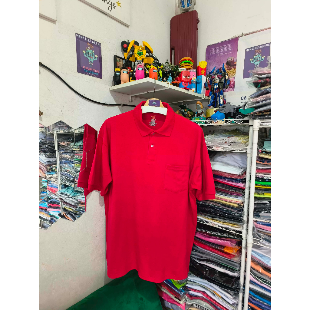 Kaos Polo Hanes Merah Polos Kantong