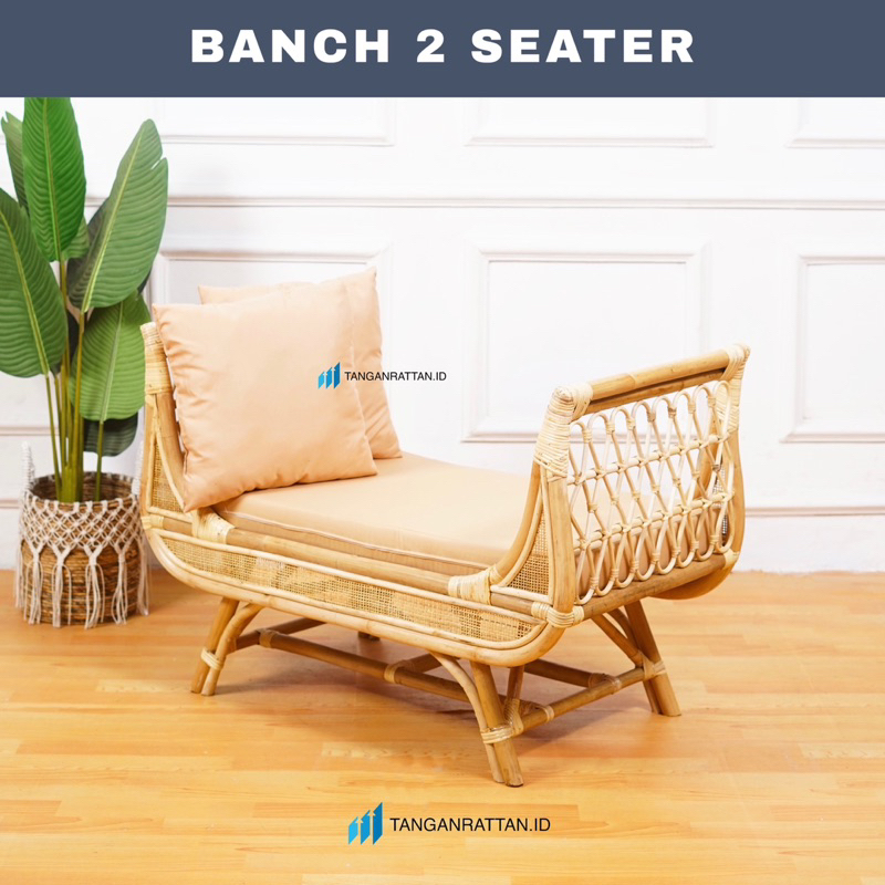 KURSI SOFA BANCH ROTAN PANJANG 2 SEATER DENGAN BANTAL / SOFA SANTAI BENCH ROTAN FINISHING MELAMIN EKSPOR