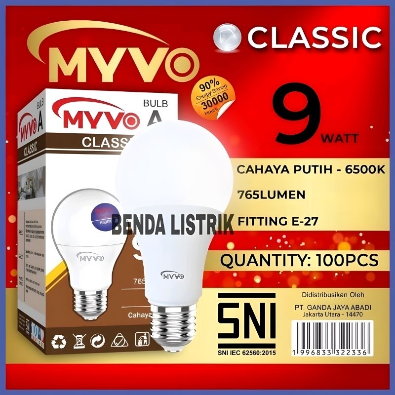 Lampu Led Bohlam Myvo Classic 9 Watt - Led 9w Classic Myvo - Led 9W Classic Myvo Garansi 1 Tahun