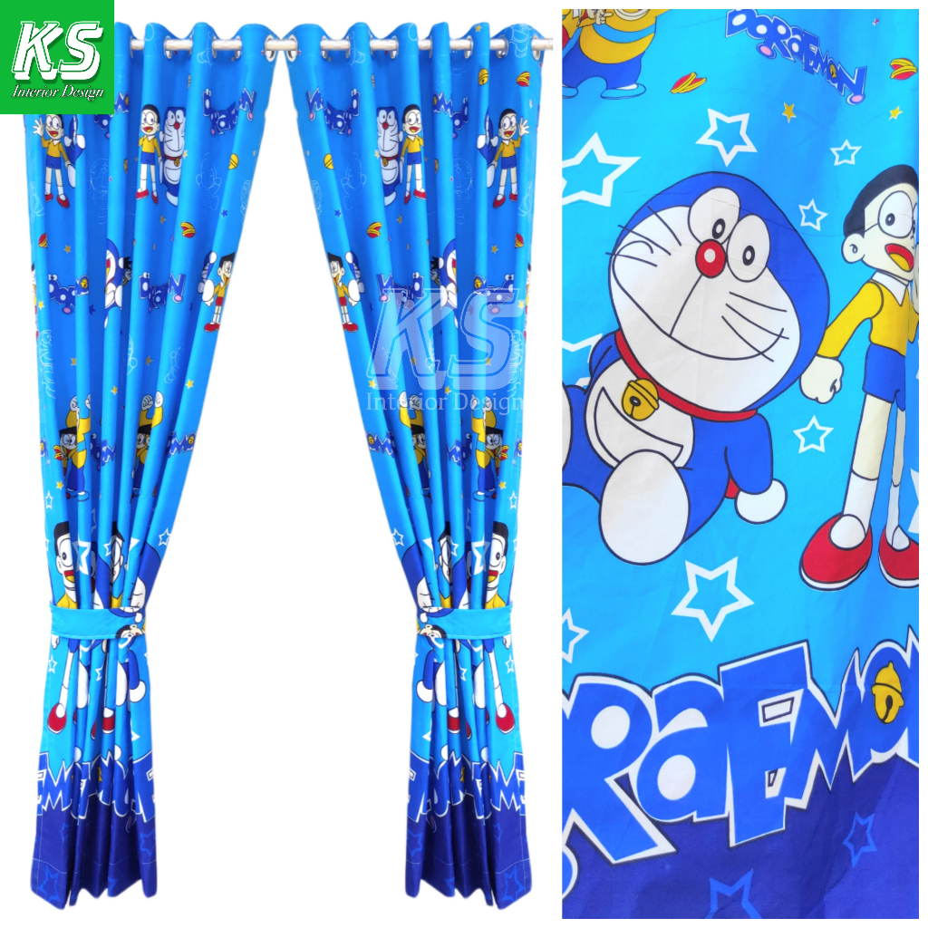 Gorden Jendela Dan Pintu Karakter Doraemon BIg Logo Model Smockring Panjang 200 cm