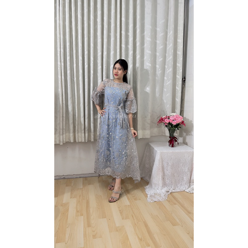 Ken-230 Long Dress Wanita Untuk Kondangan Pesta  Wisuda Full Tulle Bordir Premium Free Ikat Pinggang