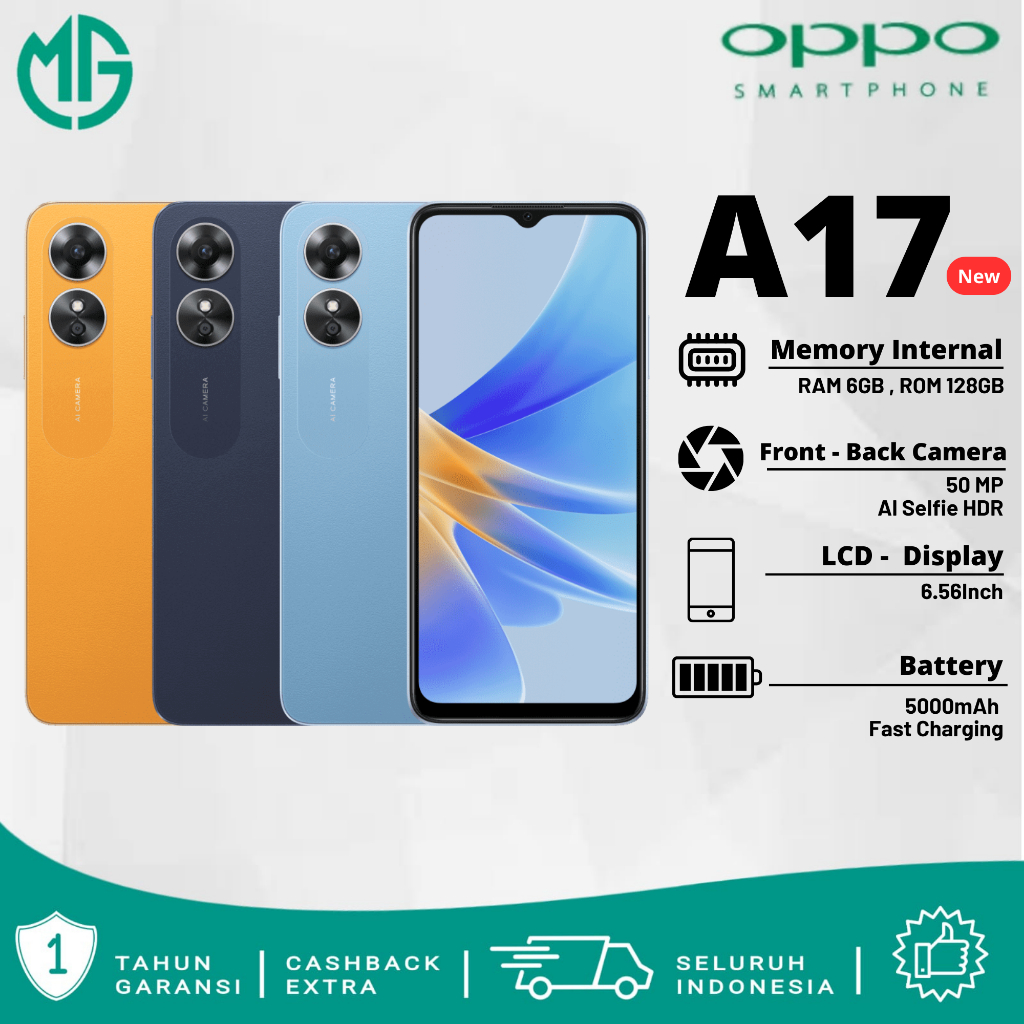 Oppo A17 6/128GB Smartphone New Series 50MP Ai Camera Premium Leather Design Garansi 1 Years