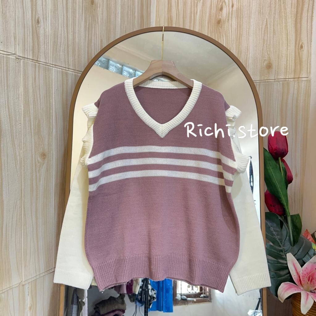 Lolita v-neck blouse rajut wanita aksen ruffle