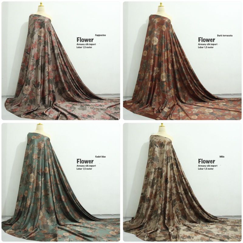 Kain Meteran Bahan Armany Silk Import//Motif Bunga//Paket Seragaman Keluarga//Dasar Kain Bermotif Un
