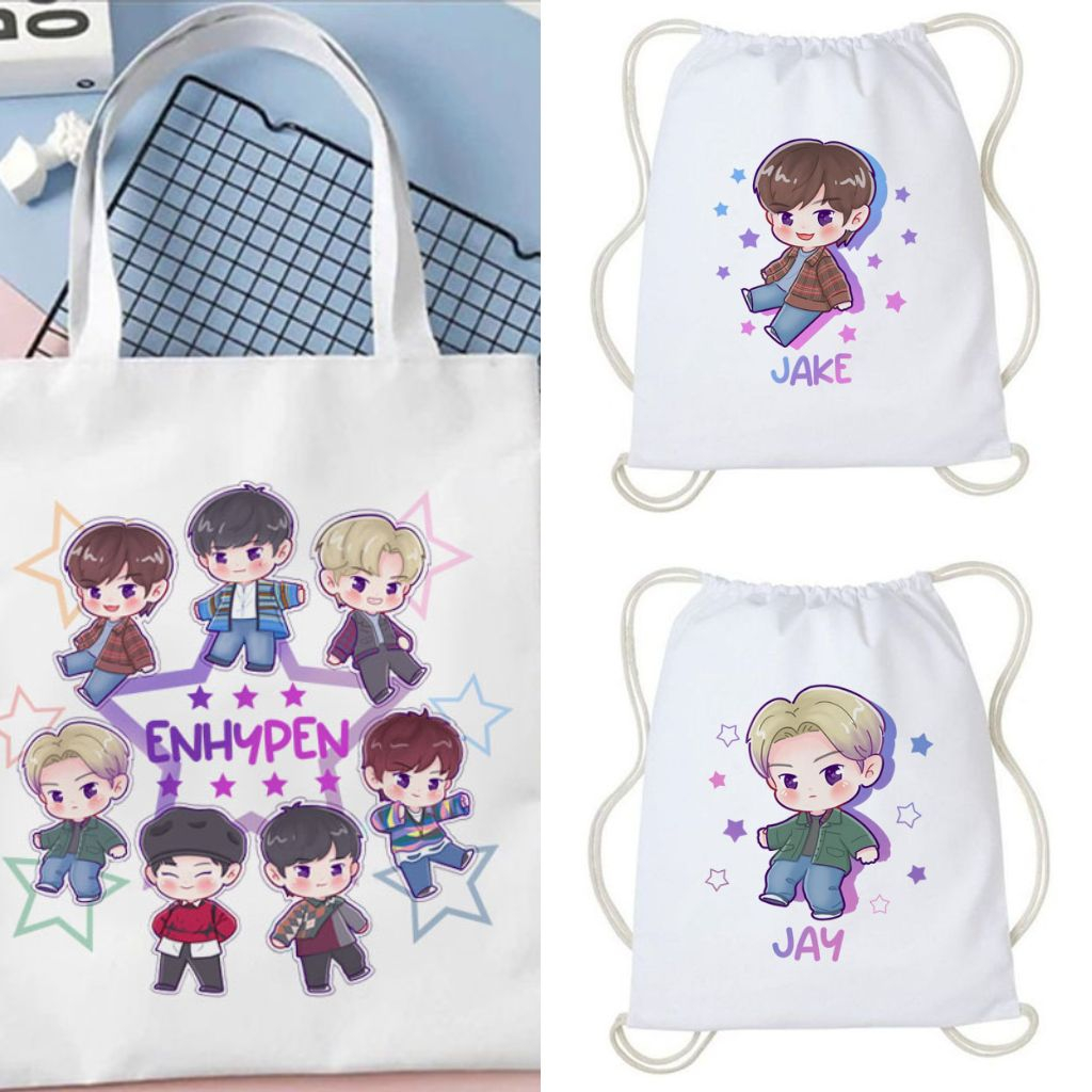 Tote bag Tas Serut Enhypen Chibi Fanart Lucu Kpop Korea String Bag Kanvas Wanita Tas Gendong Aesthetic