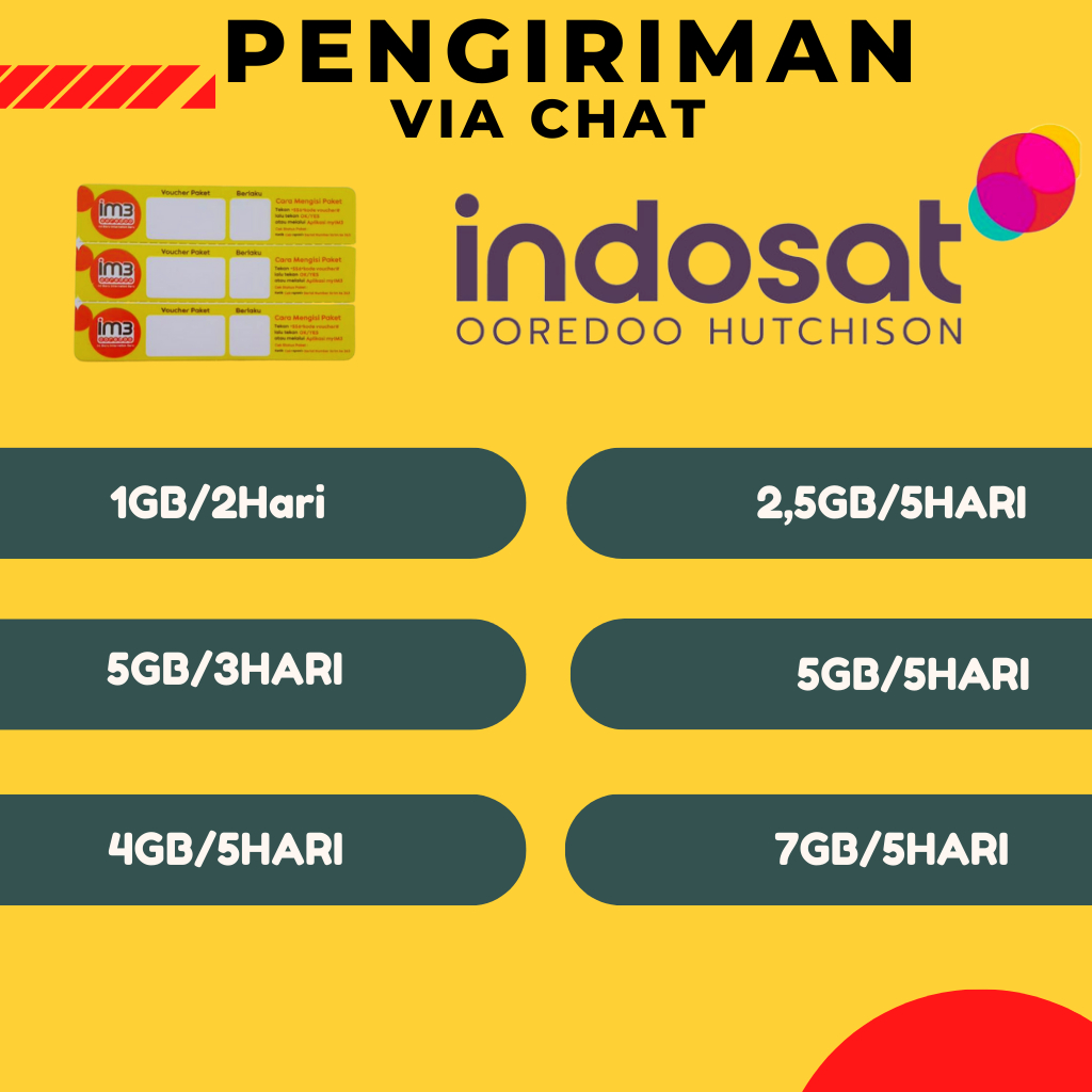 (pengiriman via chat) voucher indosat ooredoo 1GB/2Hari 2,5GB/5HARI 5GB/3HARI 5GB/5HARI 4GB/5HARI 7G