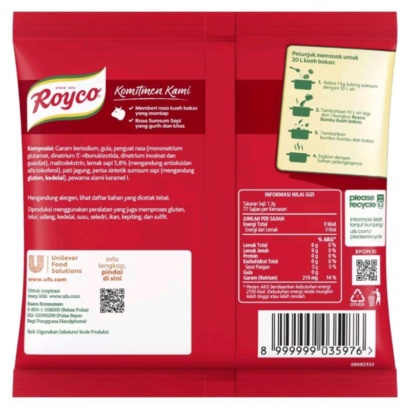 Royco Bumbu Kuah Kaldu Bakso Sapi 100gr / Bumbu Kaldu Kuah Bakso Royco Sapi 100 gram