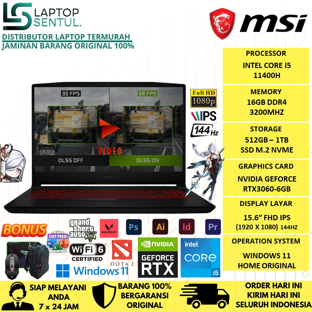 LAPTOP GAMING MSI STEALTH GS66 11UE INTEL I7 11800H 64GB 2TB SSD RTX3060 6GB FHD IPS 240HZ RGB WINDOWS 10 HOME ORIGINAL TERMURAH